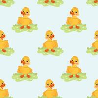 Seamless pattern, cute cartoon little duckling, goose character in the meadow. Children's print, background, textile. Vector