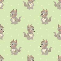 Seamless pattern, cute cartoon wolf cub with a bouquet of flowers. Children's print, background, textile. Vector