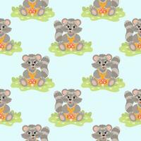 Seamless pattern, cute cartoon raccoon with fly agaric. Children's print, background, textile. Vector