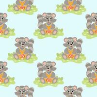 Seamless pattern, cute cartoon raccoon with fly agaric. Children's print, background, textile. Vector