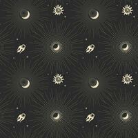 Seamless astrological pattern in boho style, golden mystical esoteric symbols of the moon, sun, stars on a dark background. Print, astronomical background. Vector
