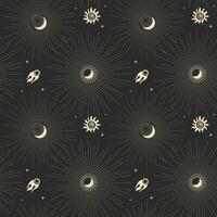 Seamless astrological pattern in boho style, golden mystical esoteric symbols of the moon, sun, stars on a dark background. Print, astronomical background. Vector