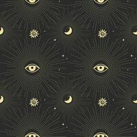 Seamless astrological pattern in boho style, golden mystical esoteric symbols of the moon, sun, stars on a dark background. Print, astronomical background. Vector