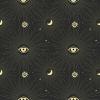 Seamless astrological pattern in boho style, golden mystical esoteric symbols of the moon, sun, stars on a dark background. Print, astronomical background. Vector