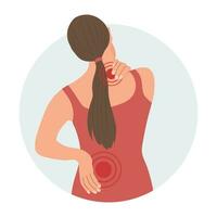 Woman with pain in the cervical and lumbar vertebrae. Back pain, muscle pain, osteoarthritis, rheumatoid arthritis. Medicine. Illustration, vector