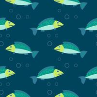 Seamless pattern, cute cartoon fish on a blue water background with bubbles. Print, background, vector