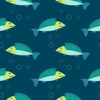 Seamless pattern, cute cartoon fish on a blue water background with bubbles. Print, background, vector