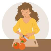 A woman in the kitchen cuts oranges. Illustration in flat style. Vector