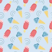 Seamless pattern, ice cream on sticks and waffle ice cream. Sweet food background, print, vector