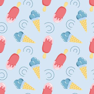 Seamless pattern, ice cream on sticks and waffle ice cream. Sweet food background, print, vector