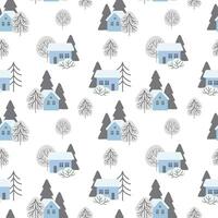 Seamless pattern, winter rural landscape with houses in the snow, fir trees and trees. Seamless pattern, print, vector