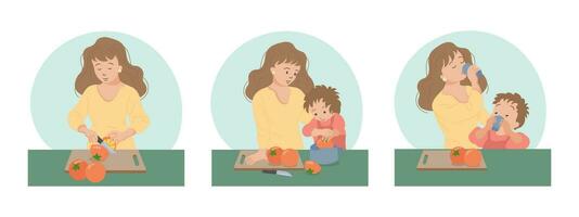 A woman and a child are making juice in the kitchen. Mother and son. Set of illustrations. Vector