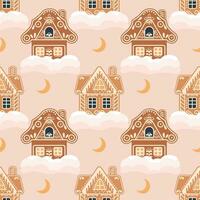 Christmas seamless pattern of gingerbread houses with snow and moon. Festive background in flat cartoon style. Vector