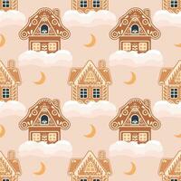 Christmas seamless pattern of gingerbread houses with snow and moon. Festive background in flat cartoon style. Vector