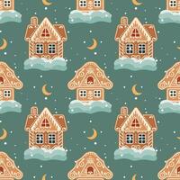 Christmas seamless pattern of gingerbread houses with snow and moon. Festive background in flat cartoon style. Vector