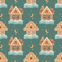 Christmas seamless pattern of gingerbread houses with snow and moon. Festive background in flat cartoon style. Vector