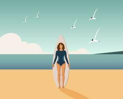 Girl surfer on the seashore with a surfboard on the seashore. Sports and recreation. Illustration, vector