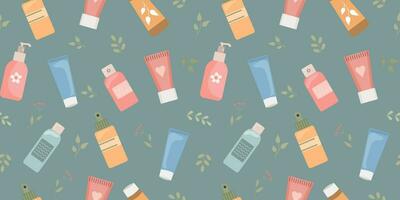 Seamless pattern of hand and face creams, organic cosmetics. Skin care background. Print, wallpaper. Vector