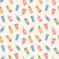 Seamless pattern of hand and face creams, organic cosmetics. Skin care background. Print, wallpaper. Vector