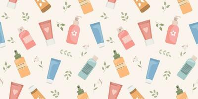 Seamless pattern of hand and face creams, organic cosmetics. Skin care background. Print, wallpaper. Vector