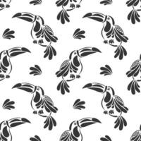 Seamless pattern, stylized tropical birds toucans on a white background. Black and white print, background, textile. Vector