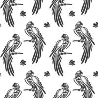 Seamless pattern, stylized tropical birds parrots on a white background. Black and white print, background, textile. Vector