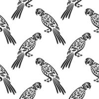 Seamless pattern, stylized tropical birds parrots on a white background. Black and white print, background, textile. Vector