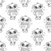 Seamless pattern, cute owl character, owl chick. Outline drawing, sketch. Black and white print, background, textile. Vector