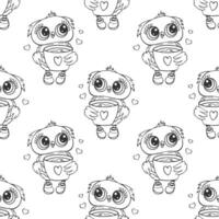 Seamless pattern, cute owl character, owl chick. Outline drawing, sketch. Black and white print, background, textile. Vector