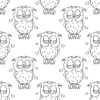 Seamless pattern, cute owl character, owl chick. Outline drawing, sketch. Black and white print, background, textile. Vector