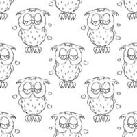 Seamless pattern, cute owl character, owl chick. Outline drawing, sketch. Black and white print, background, textile. Vector