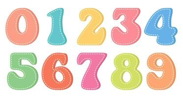 Set of numbers from 0 to 9 and mathematical symbols in retro groovy style. Children's numbers. Design elements, print, vector