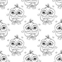 Seamless pattern, cute owl character, owl chick. Outline drawing, sketch. Black and white print, background, textile. Vector