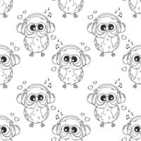 Seamless pattern, cute owl character, owl chick. Outline drawing, sketch. Black and white print, background, textile. Vector