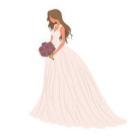 Bride in a wedding dress with a bouquet of flowers on a white background. Luxury wedding illustration, template for invitation, vector