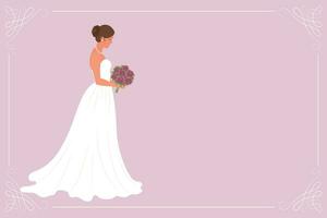 Bride in a white wedding dress with a bouquet of flowers. Luxury wedding banner template for invitation. Illustration, vector