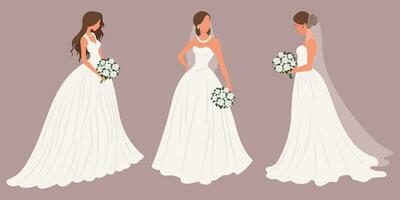 conjunto de novias en un blanco Boda vestir con un nupcial ramo. lujoso Boda vestidos para novias ilustración, vector