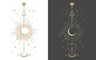 Set of esoteric mystical posters with spiritual symbols, moon, sun, stars. Templates on light and dark backgrounds, boho style. Vector