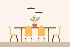 comida habitación con comida mesa con sillas, casa planta en el mesa y moderno lamparas en pantallas de lámparas. plano interior en mínimo estilo, vector
