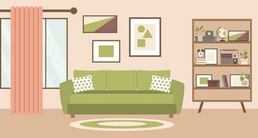 Living room with sofa, home plants on the bedside table, window, bookshelf and paintings on the wall. Flat interior in minimal style, vector