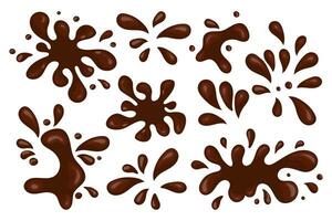 Set of liquid chocolate splashes, pours and chocolate milk stains. Design elements, vector