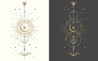 Set of esoteric mystical posters with spiritual symbols, moon, sun, stars. Templates on light and dark backgrounds, boho style. Vector