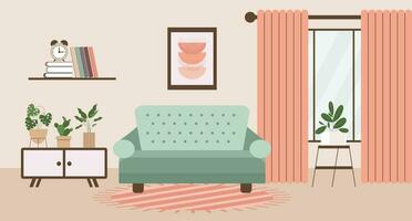 Living room with sofa, house plants, bedside table, window with curtains, bookcase and paintings on the wall. Flat interior in minimal style, vector