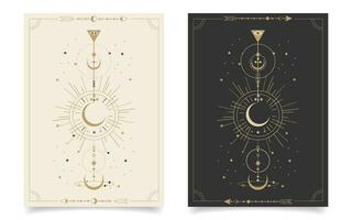 Set of esoteric mystical posters with spiritual symbols, moon, sun, stars. Templates on light and dark backgrounds, boho style. Vector