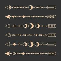 Set of esoteric mystical arrows with spiritual symbols, moon, sun. Templates icons in boho style, decorative elements. Vector