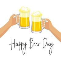 Beer day. Hands holding glass mugs with foamy beer. Drink. Illustration, vector