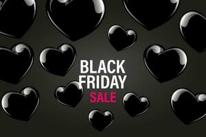 Black Friday sale banner with black shiny balloons hearts. Minimal style poster with balloons. Vector