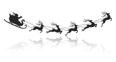 Santa on a sleigh with reindeers, silhouette with reflection on a white background. Winter illustration, vector