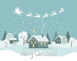 invierno paisaje con linda casas, Papa Noel en su trineo con renos y el noche cielo. alegre Navidad saludo tarjeta modelo. ilustración en plano estilo. vector