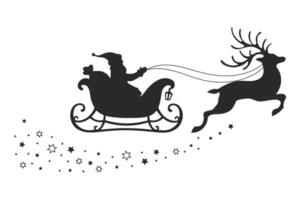 Santa on a sleigh with reindeer and stars, silhouette on a white background. Winter illustration, vector